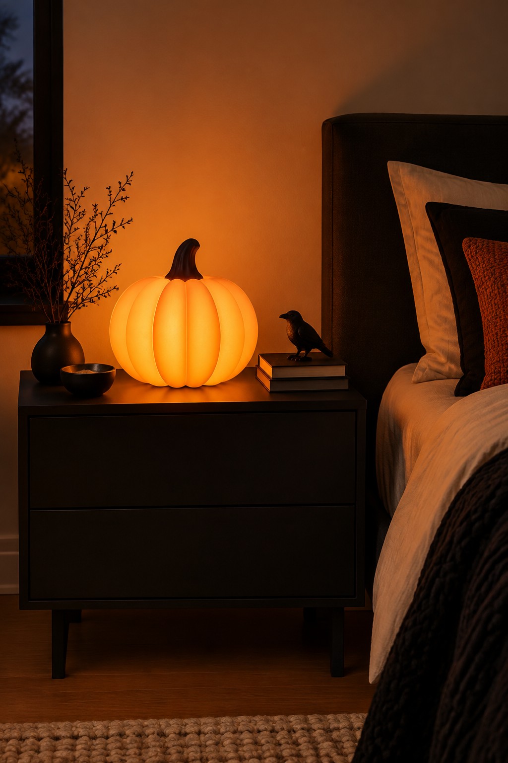 A glowing pumpkin-shaped night light sits on a black nightstand next to a bed, with a small black bird figurine on stacked books.