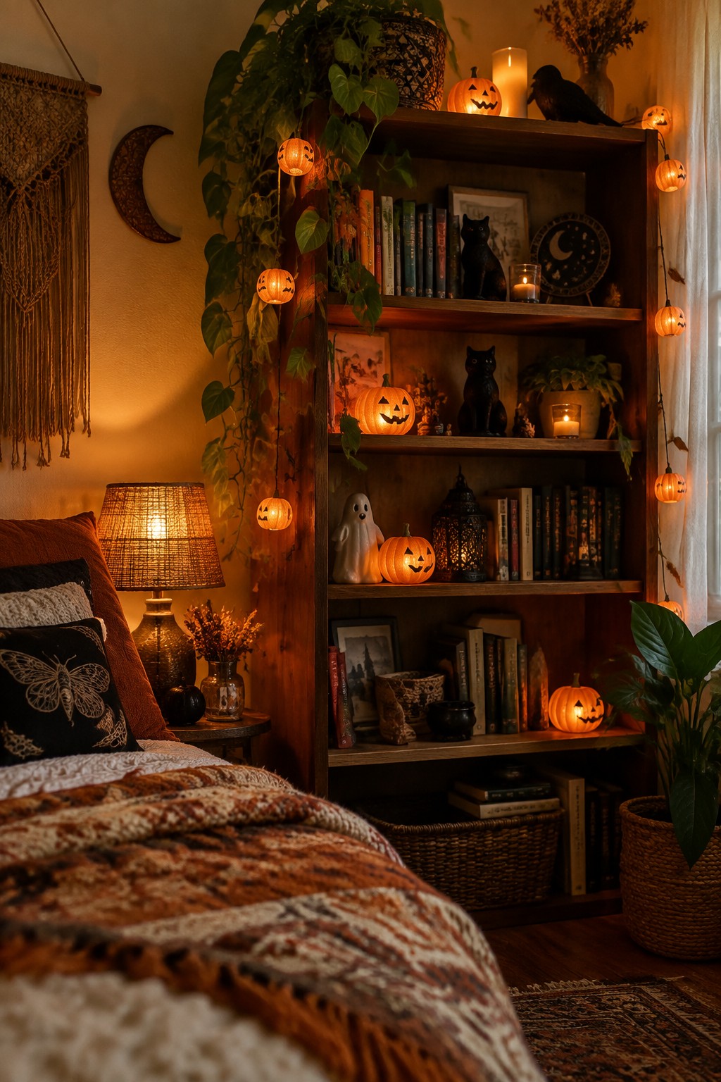 A bedroom bookshelf filled with books and decorated with glowing pumpkin night lights, small jack-o'-lanterns, and black cat figurines.