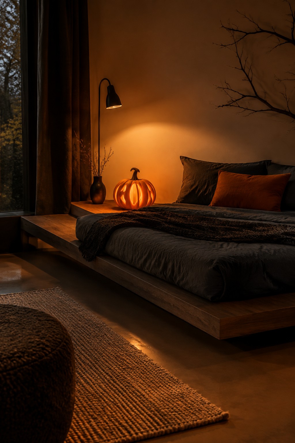 A bedroom scene showing a floating wooden bed with dark bedding and a carved glowing pumpkin placed on a ledge beside it.
