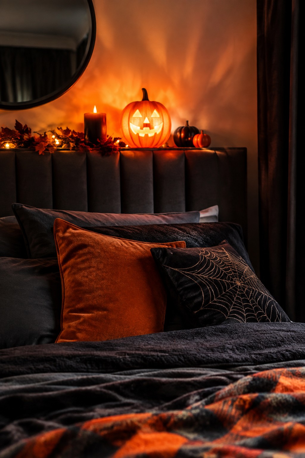 Bedroom scene with a lit jack-o'-lantern and candle on the headboard above dark pillows and bedding, including one pillow with a spiderweb pattern.