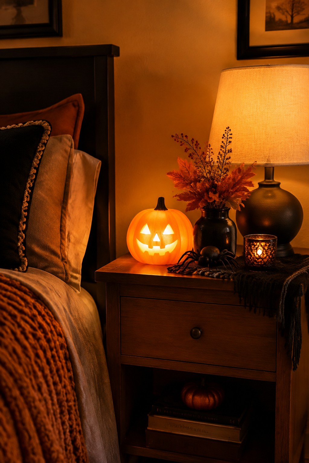 A carved and lit jack-o'-lantern sits on a wooden nightstand next to a bed with pillows and an orange blanket.