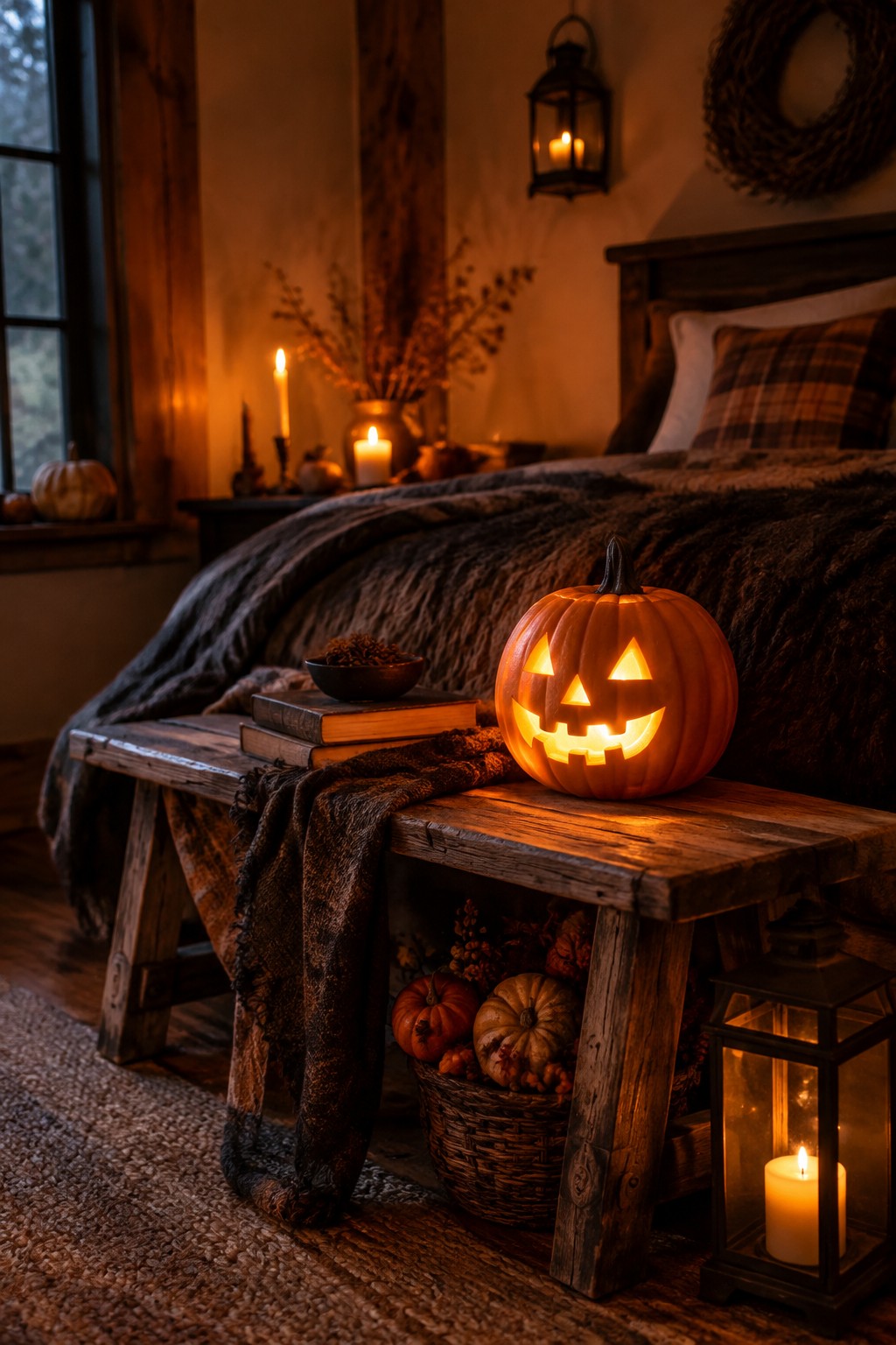A carved and lit jack o lantern rests on a wooden bench at the foot of a bed, with a basket of small pumpkins stored underneath.