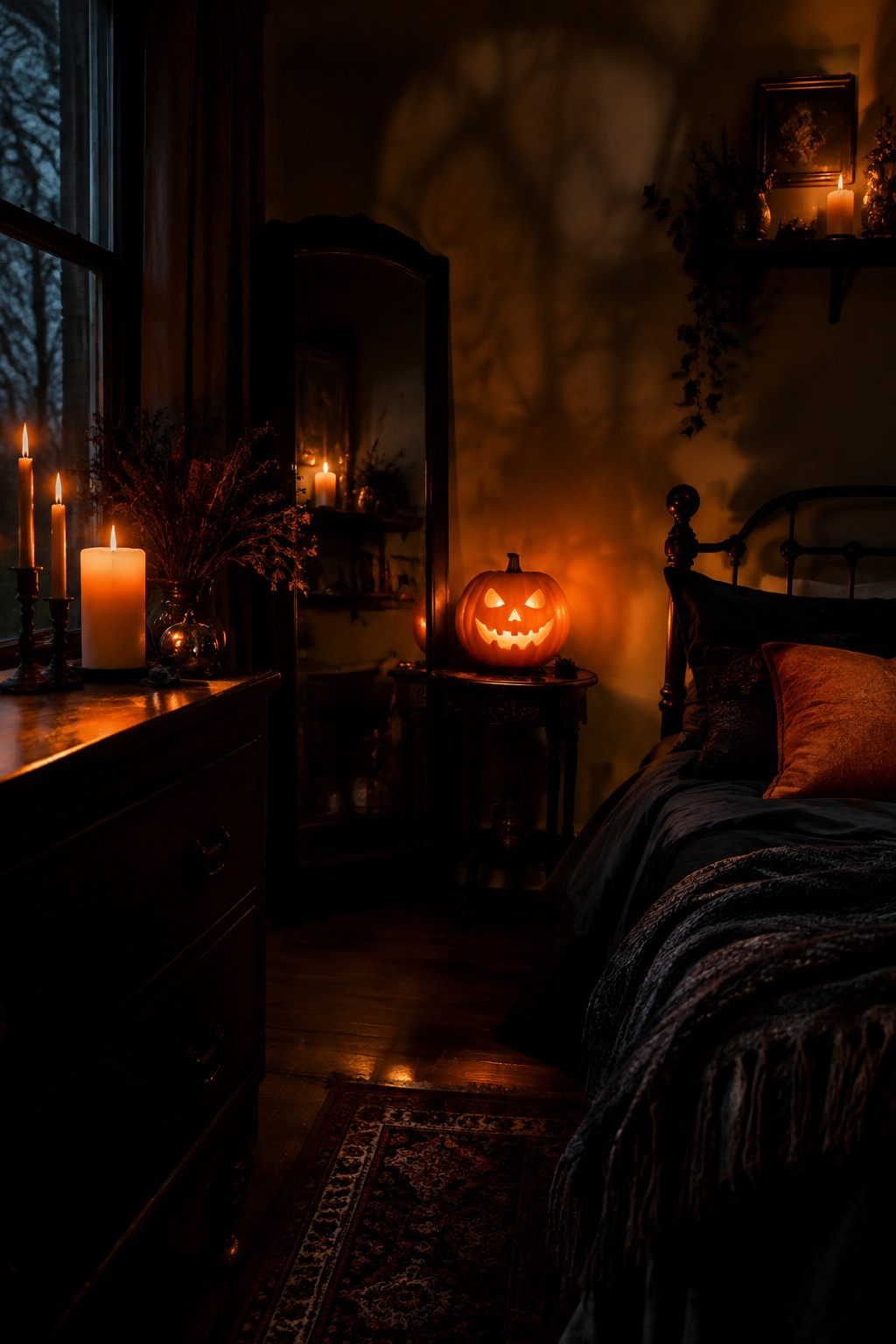 Bedroom scene with a glowing carved jack-o'-lantern on a small side table next to a bed, with several lit candles on nearby surfaces.