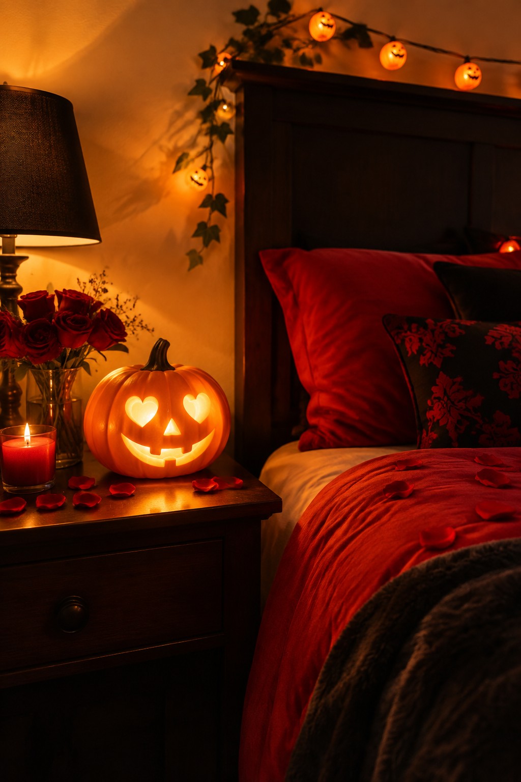 A glowing jack-o'-lantern with heart-shaped eyes rests on a wooden nightstand next to a bed with red bedding and pumpkin string lights above.