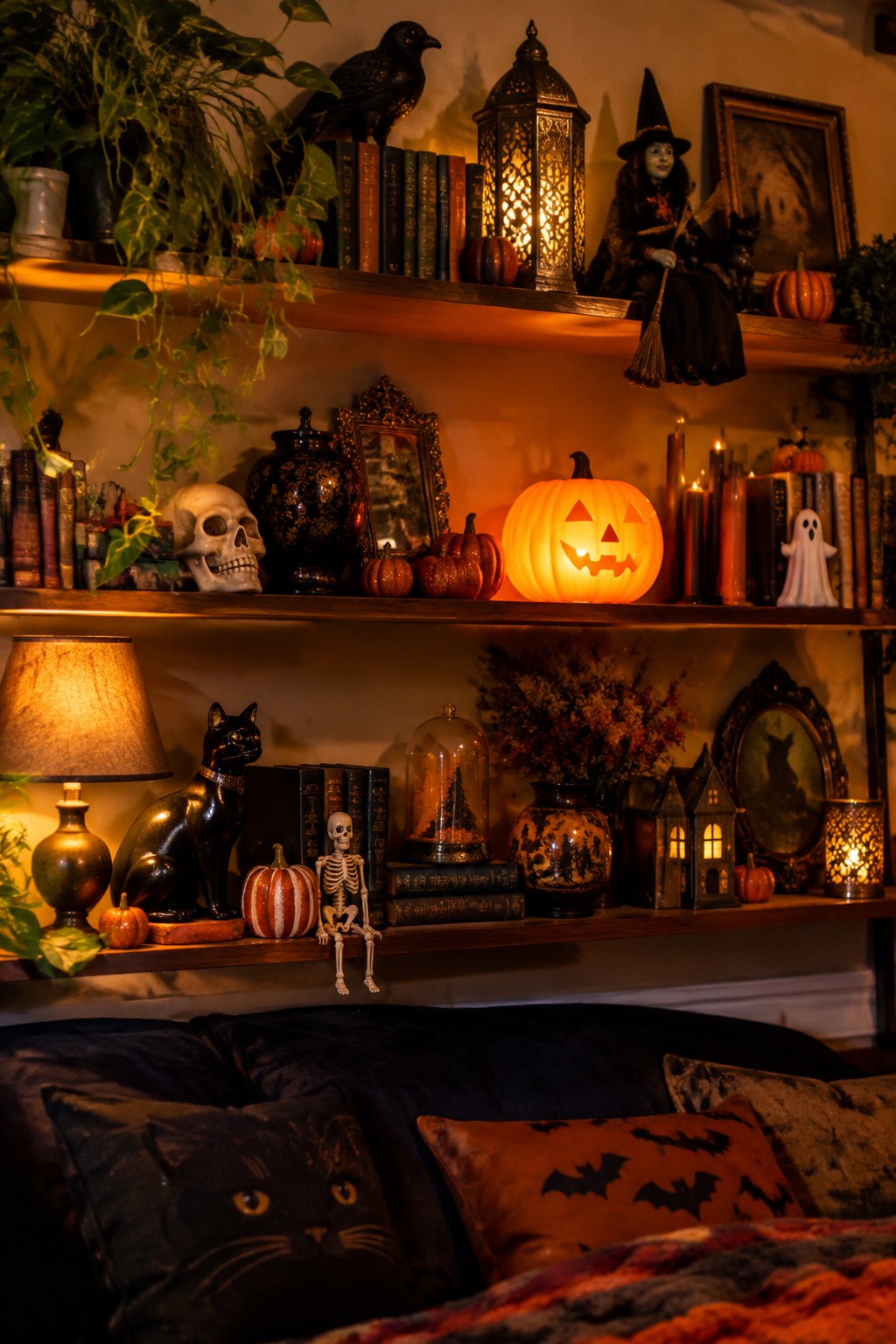 Halloween shelves with glowing pumpkins, skulls, black cat, witch doll, and bat pillows