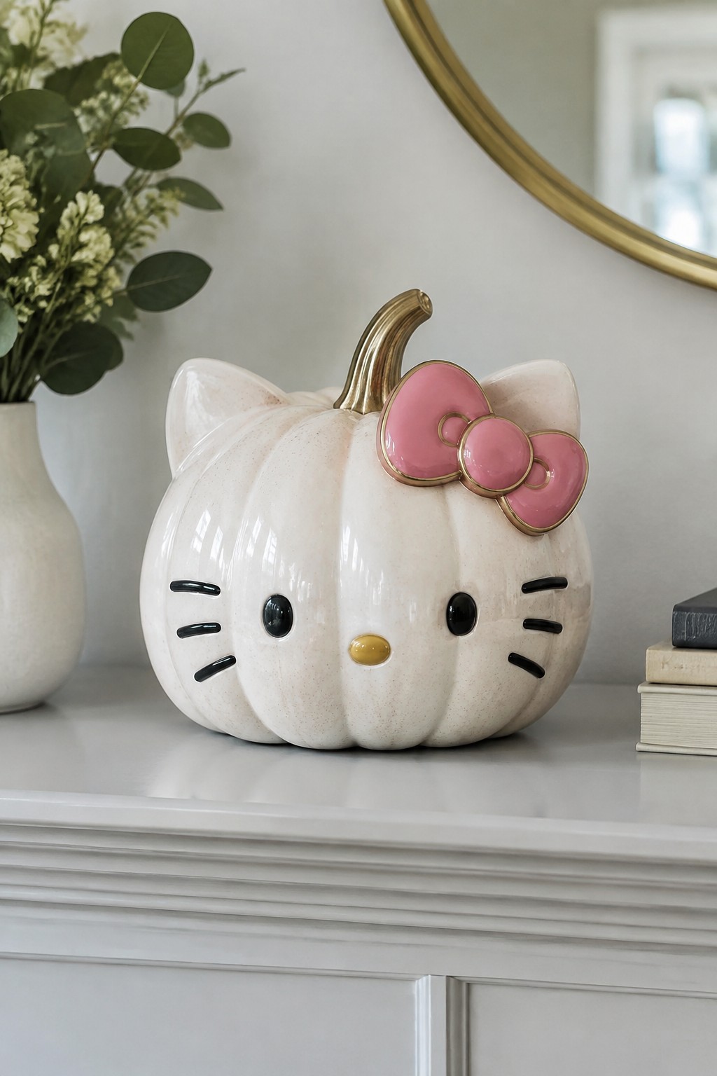 Hello Kitty white pumpkin with pink bow and gold stem on mantel