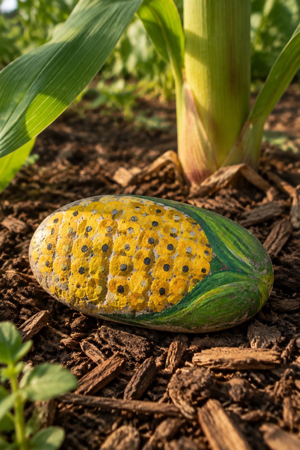 Painted rock mimicking corn cob with yellow kernels and green husks on soil