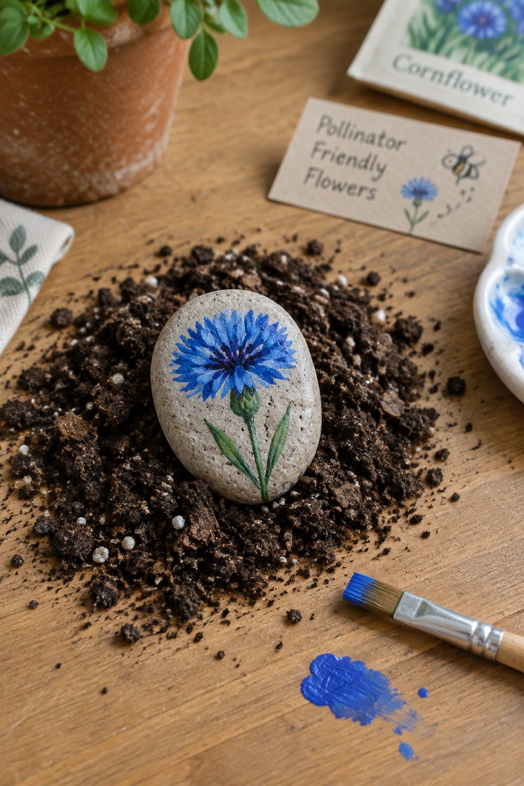 Painted stone with blue cornflower on soil pile, paintbrush and palette nearby on wood.