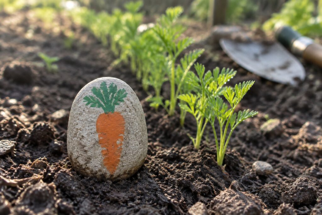 Painted carrot rock in dark soil near trowel and green seedlings