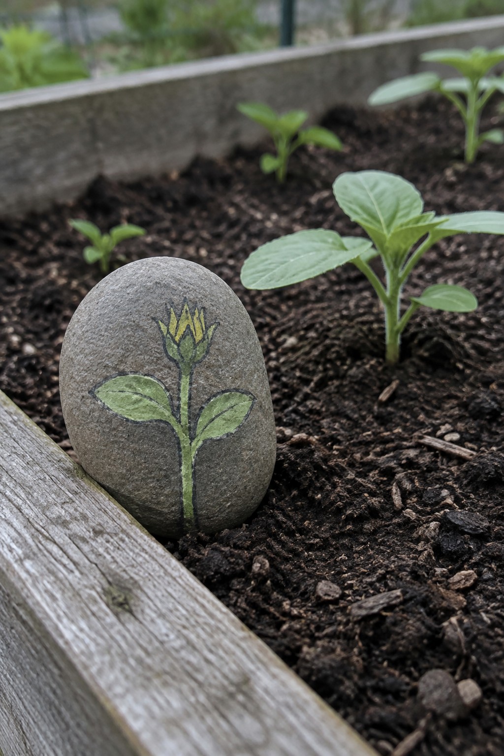 Painted gray rock with green plant stem and yellow flower in garden soil