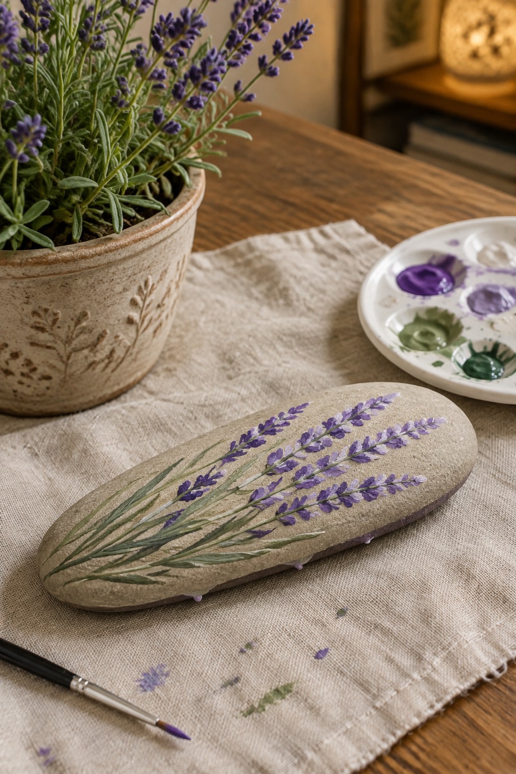 Painted stone with lavender flowers beside palette, brush, and potted plant on cloth