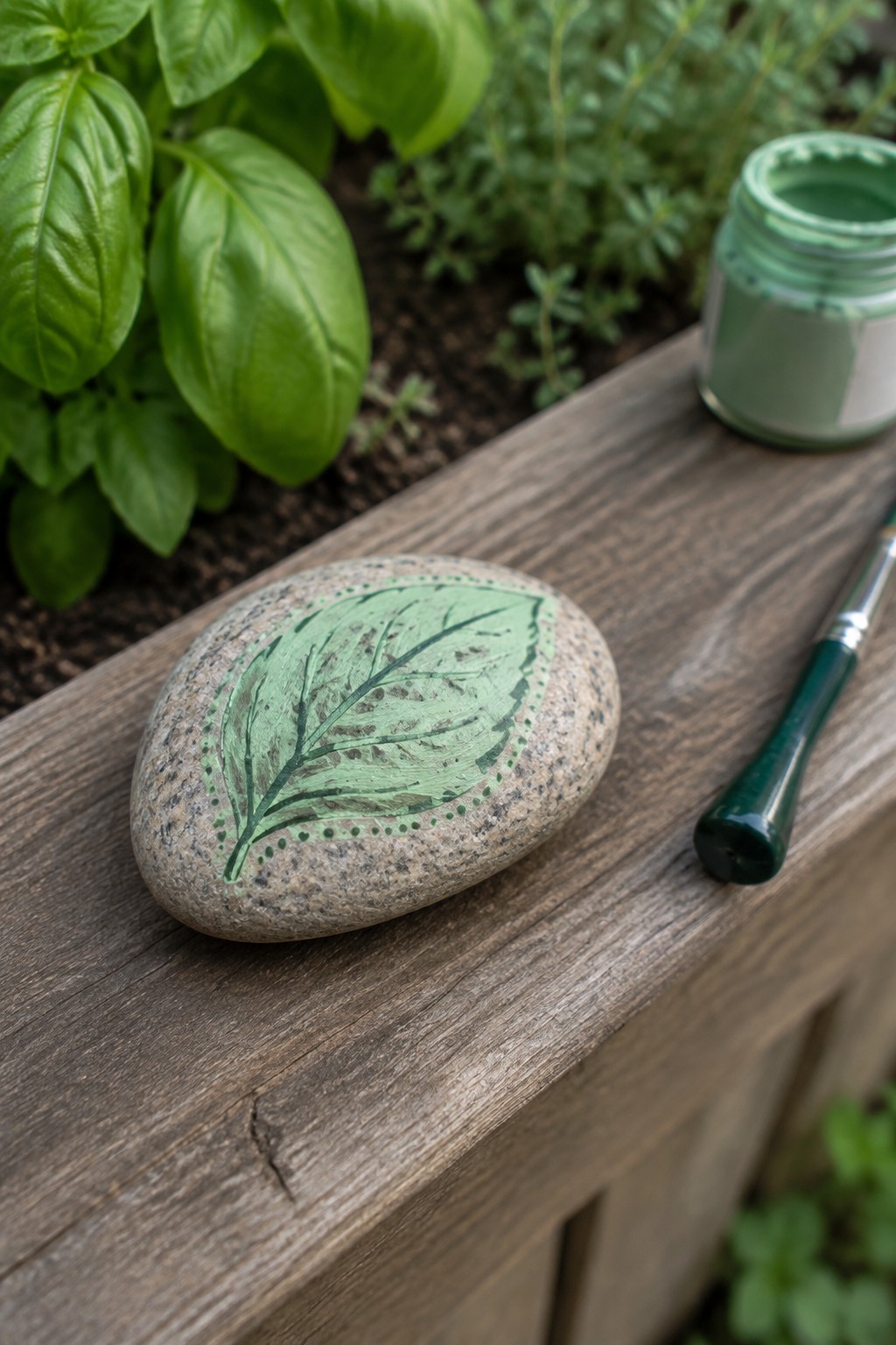 Painted rock with green leaf beside open paint jar and brush on wood.