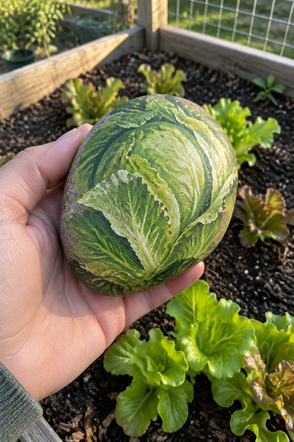 Hand holding stone painted with realistic green lettuce leaves in garden bed