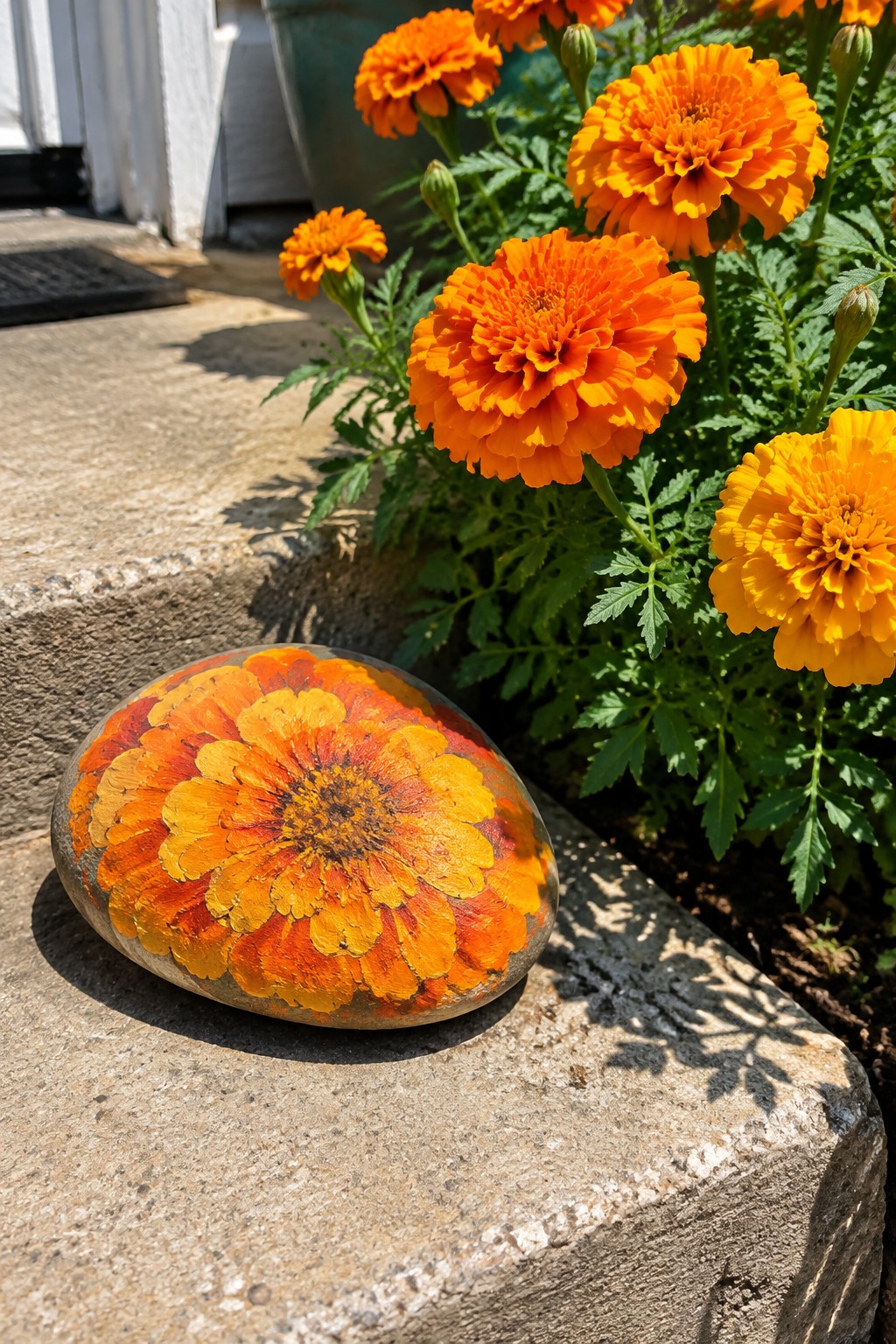 Painted rock with orange marigold flower on concrete steps beside blooming plants