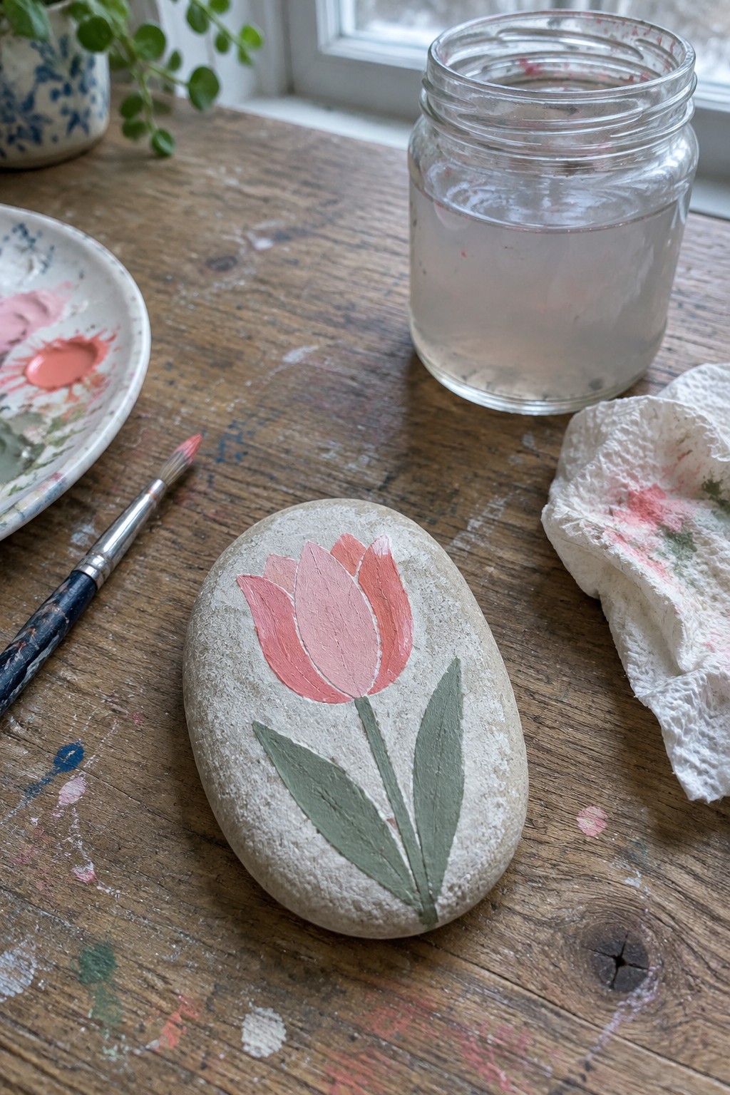 Painted stone with pink tulip on wooden table beside paint supplies.