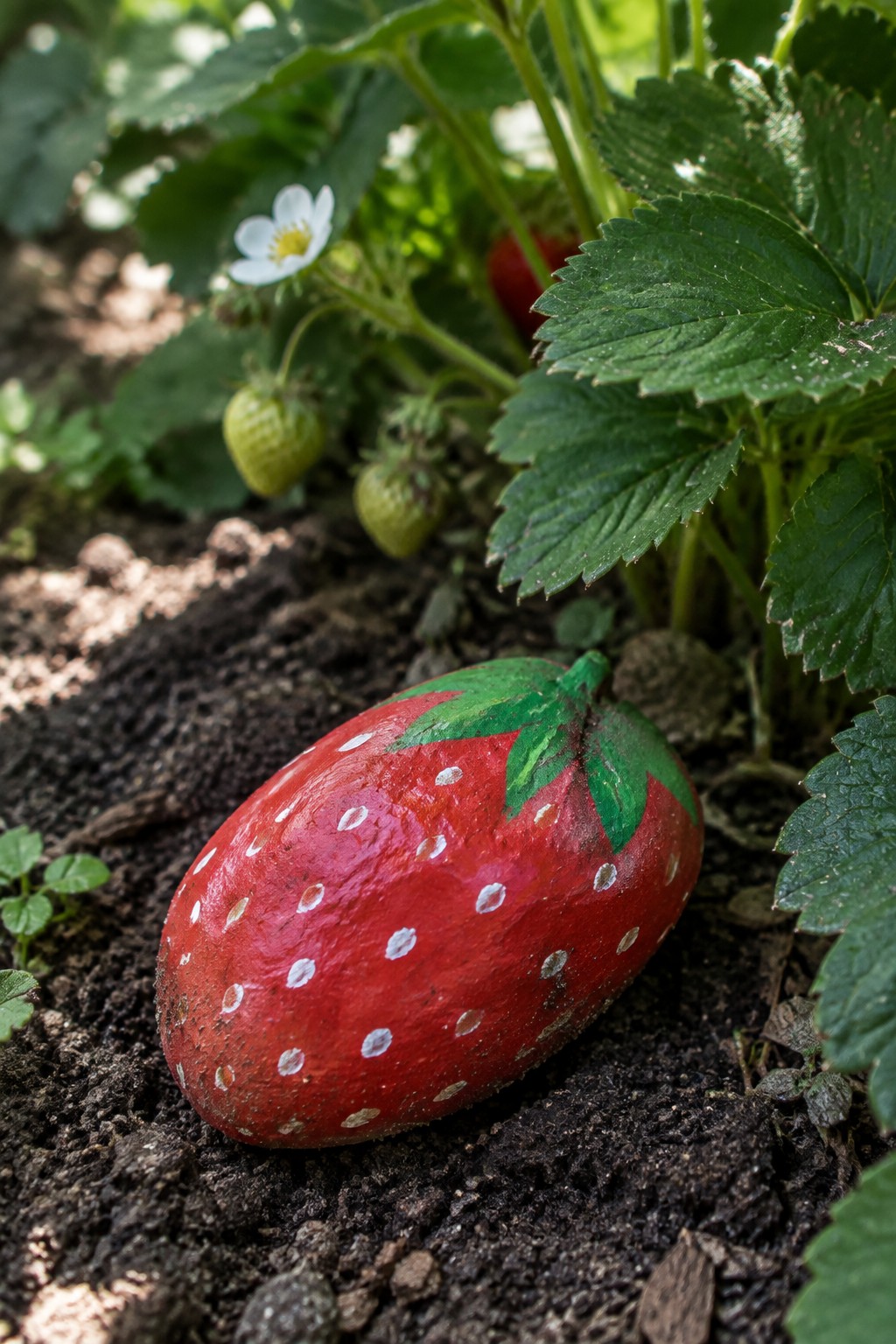 Painted red strawberry rock with white dots on soil among green plants
