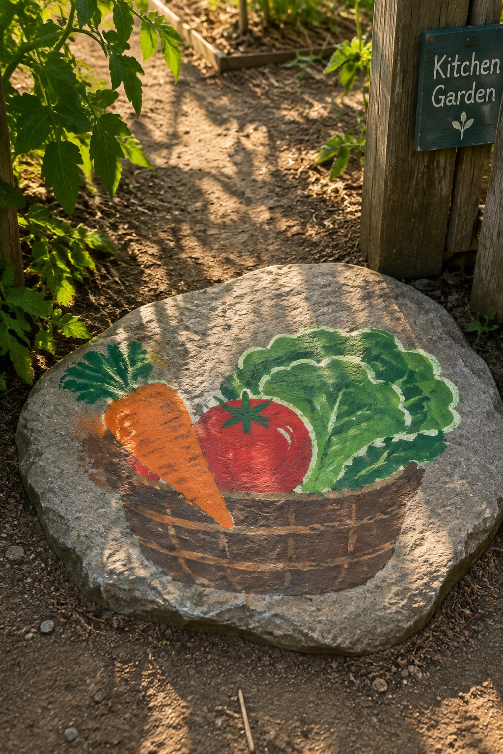Painted rock with carrot, tomato, and greens basket near kitchen garden sign