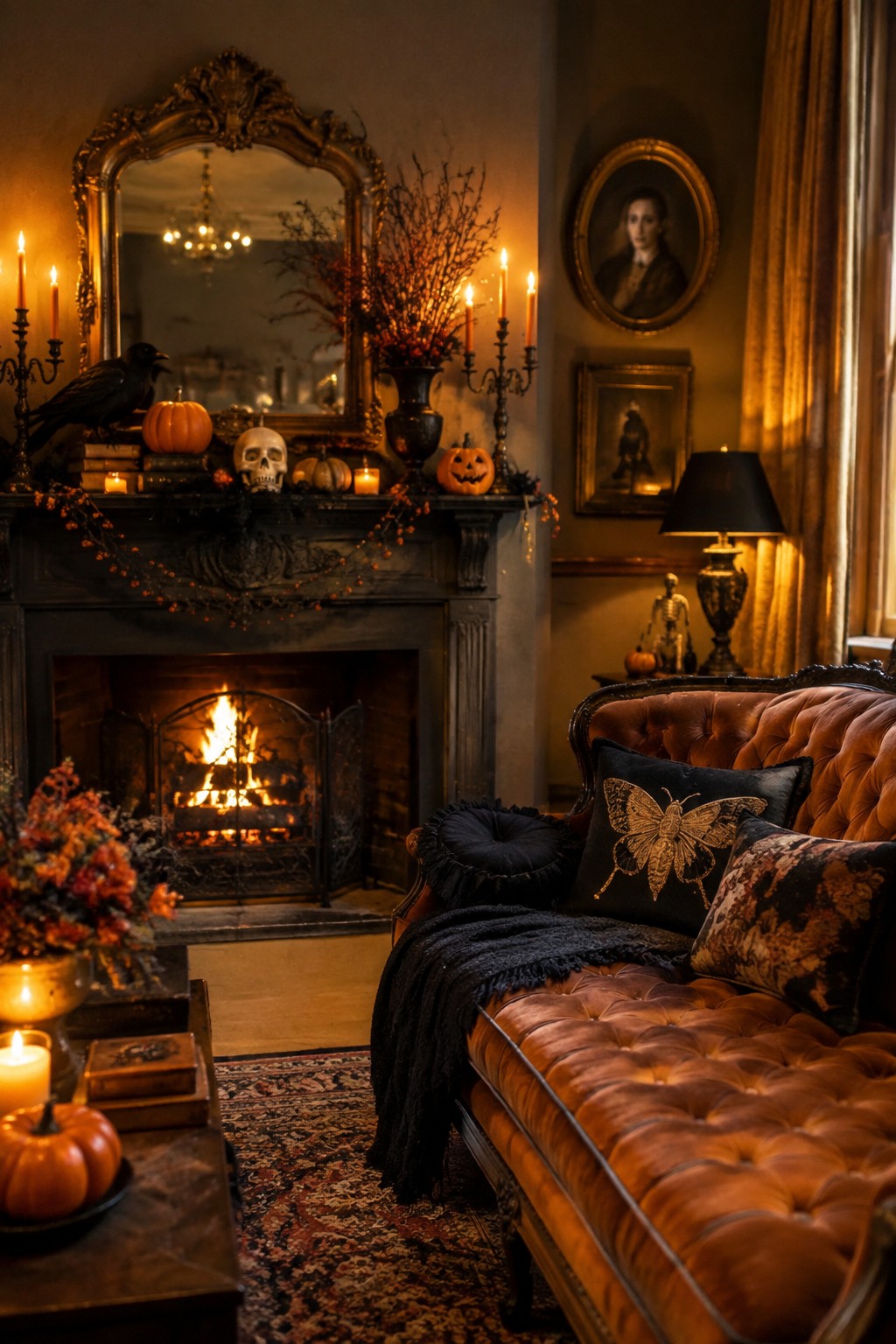 Gothic parlor with burning fireplace, orange tufted sofa, skull, pumpkins, and candles.