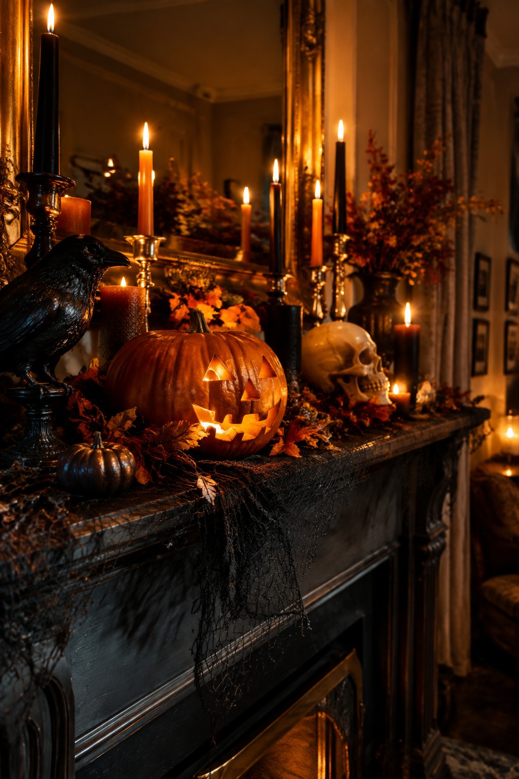 A vintage-style fireplace mantel decorated with a carved jack-o'-lantern, black candles, a human skull, and a black crow statue.