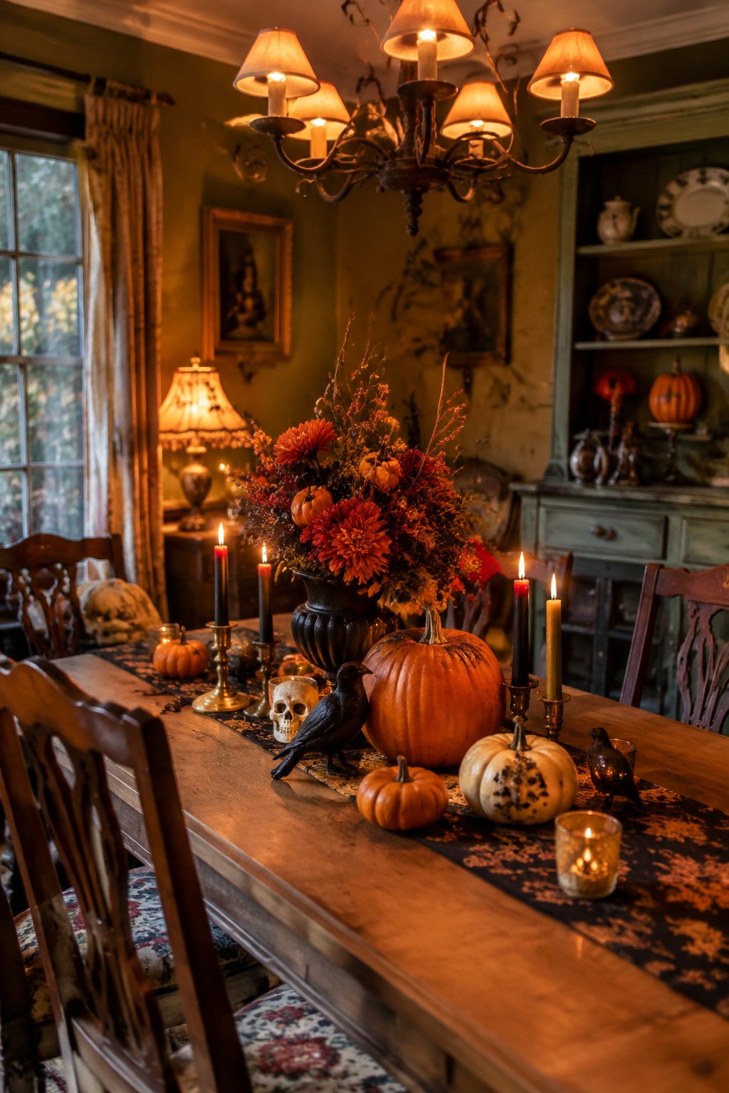 A wooden dining table set with pumpkins, black candles, a skull, and black bird figurines arranged on a dark runner beneath a chandelier.