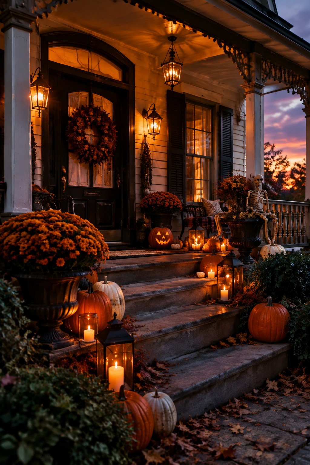 Twilight porch with glowing jack-o'-lanterns, pumpkins, lanterns, skeleton, and autumn flowers