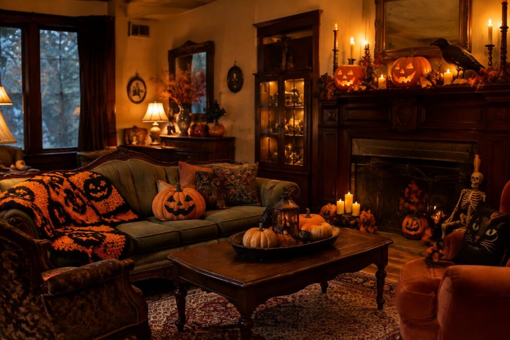 Living room mantel decorated with carved jack o lanterns, black cat figures, candles, and autumn garland above a lit fireplace.