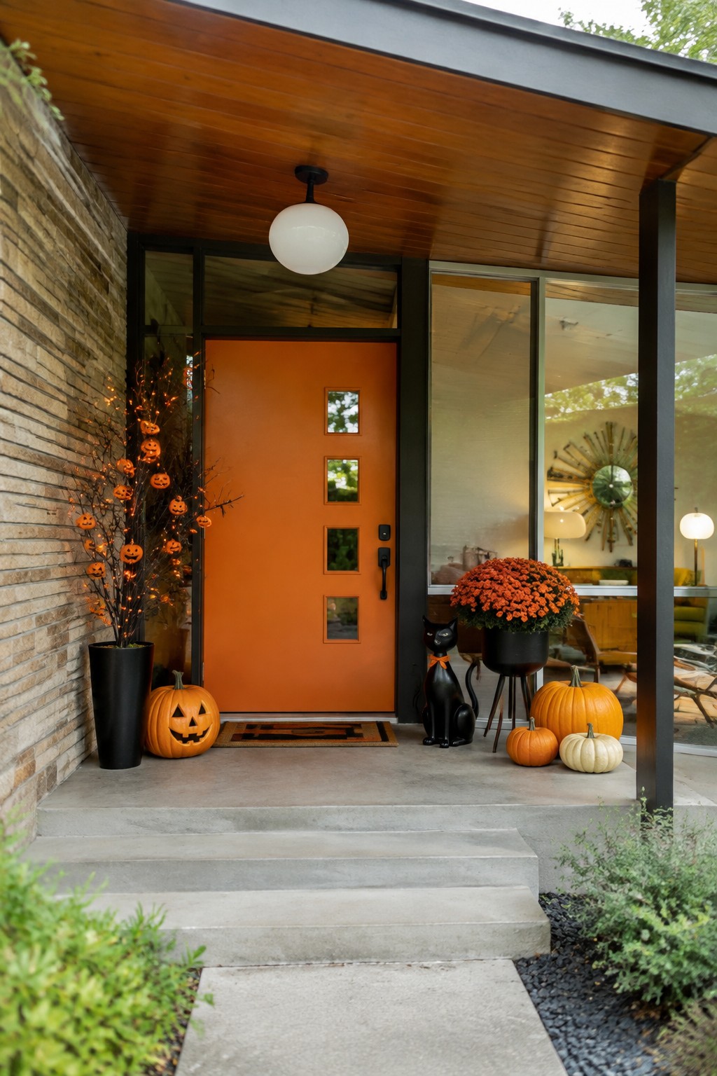 Modern entryway with orange door, pumpkins, black cat statue, and glowing Halloween lights