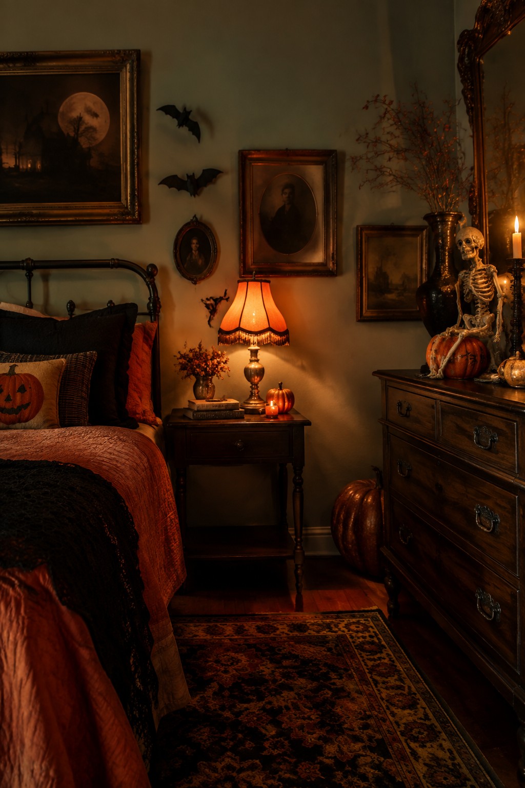 Vintage bedroom with black bat decorations mounted on the wall above a nightstand, a skeleton seated on a pumpkin atop a wooden dresser, and a jack-o'-lantern pillow on the bed.