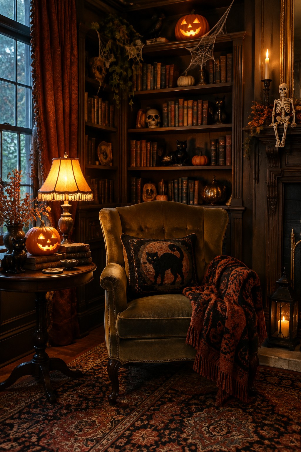 Green velvet armchair with cat pillow in Halloween-decorated library with glowing pumpkins and bookshelves