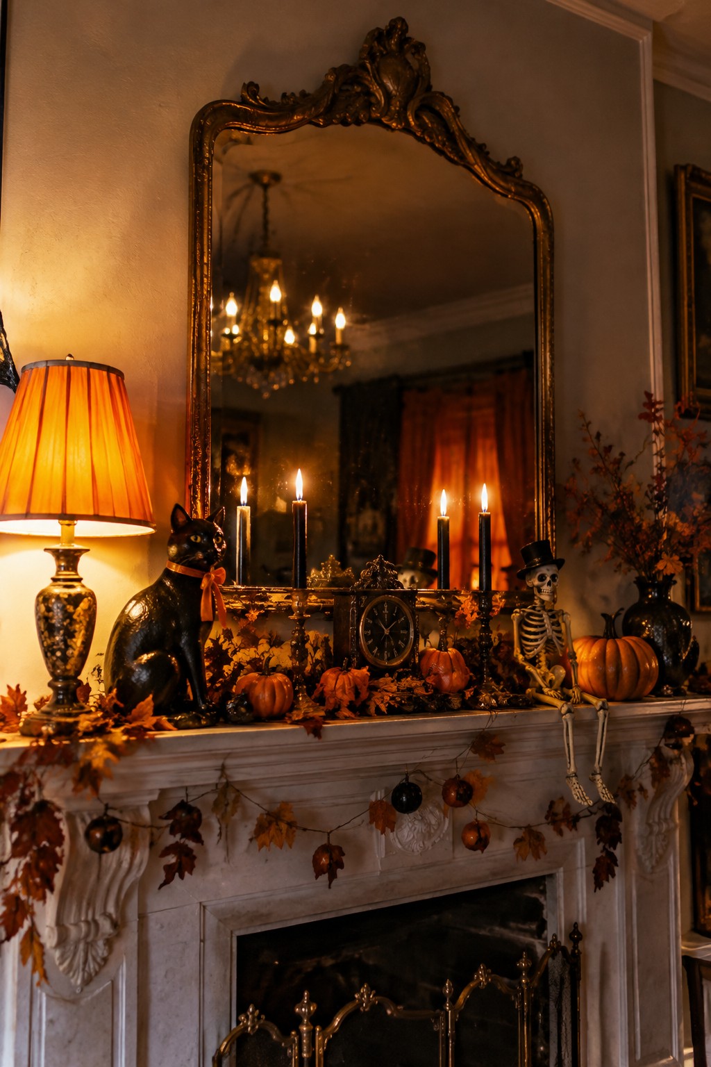 Ornate mantel with black cat statue, skeleton, pumpkins, autumn leaves, and lit candles.