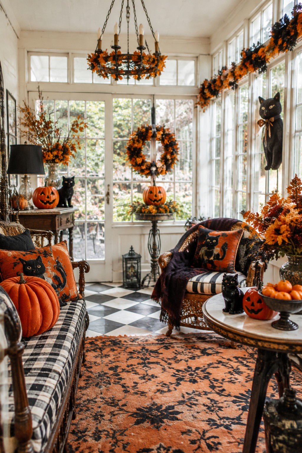Enclosed porch with black and white checkered flooring, vintage furniture, and multiple black cat figures, pillows, and a wreath paired with jack o' lanterns.