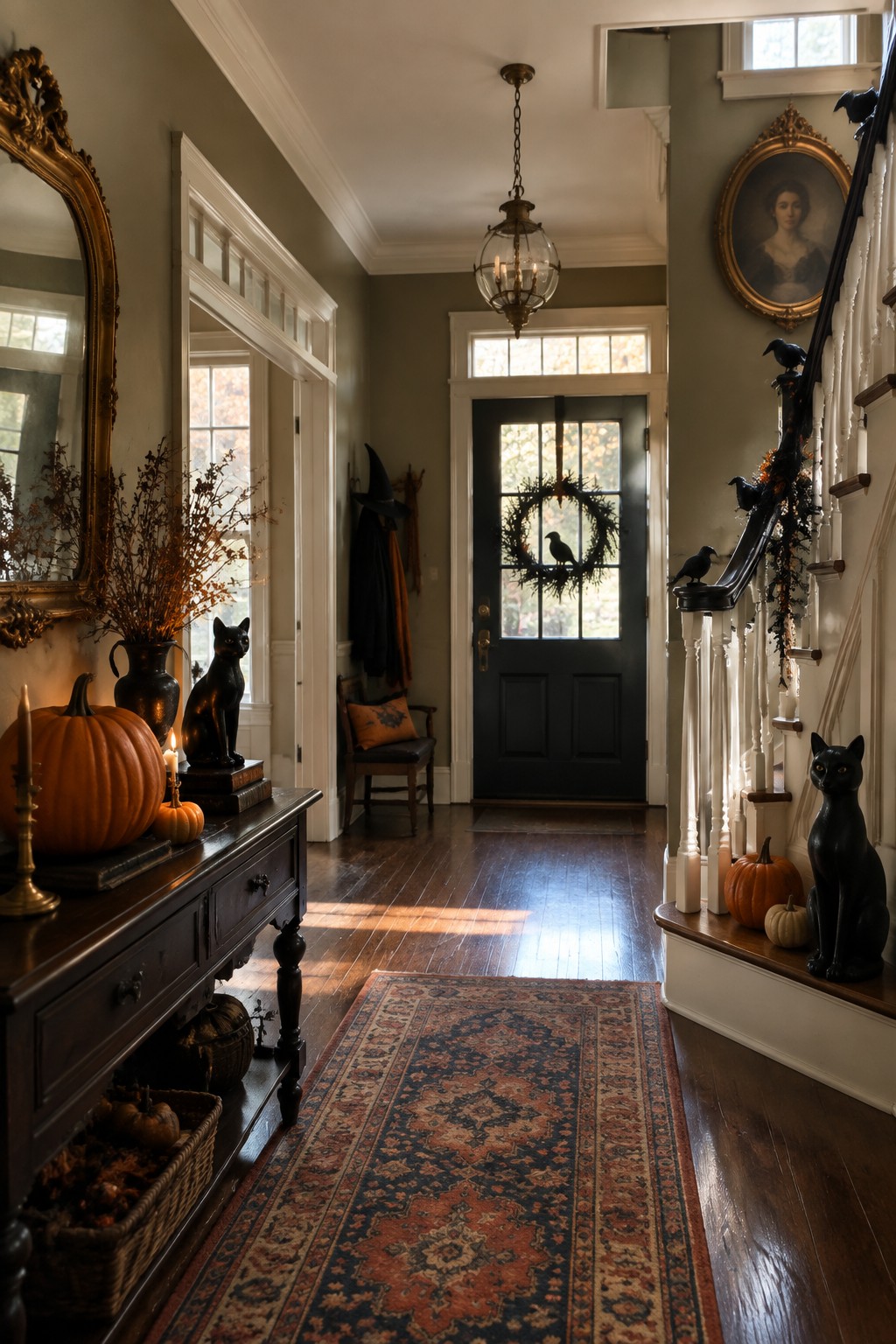 Entryway with black cat figurines, crow decorations, a crow wreath on the front door, pumpkins, and vintage furniture along a wooden floor.