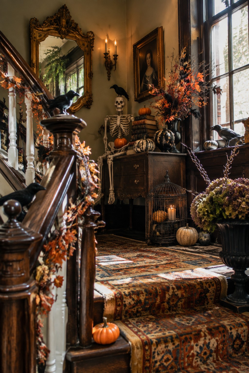 A vintage entryway staircase area with a skeleton seated on a dark wood chest, black crows perched on the skeleton and banister, and pumpkins placed around the landing.