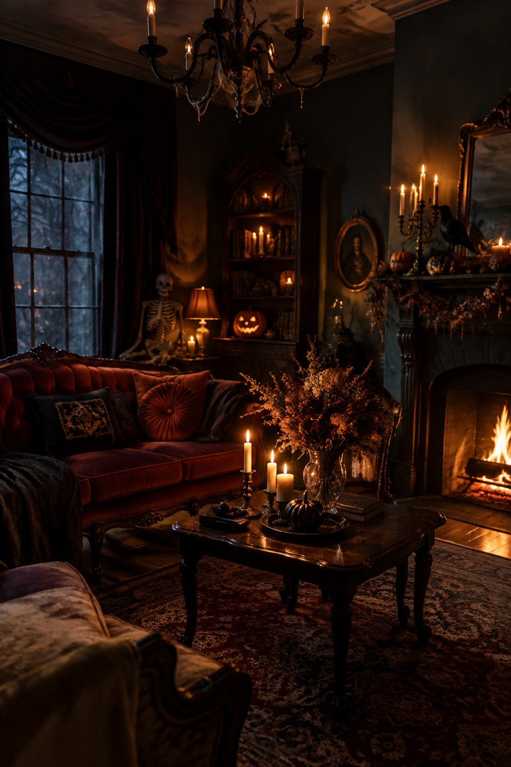 Vintage living room with a skeleton seated near the window, a carved jack-o'-lantern on a shelf, and a crow on the mantel.