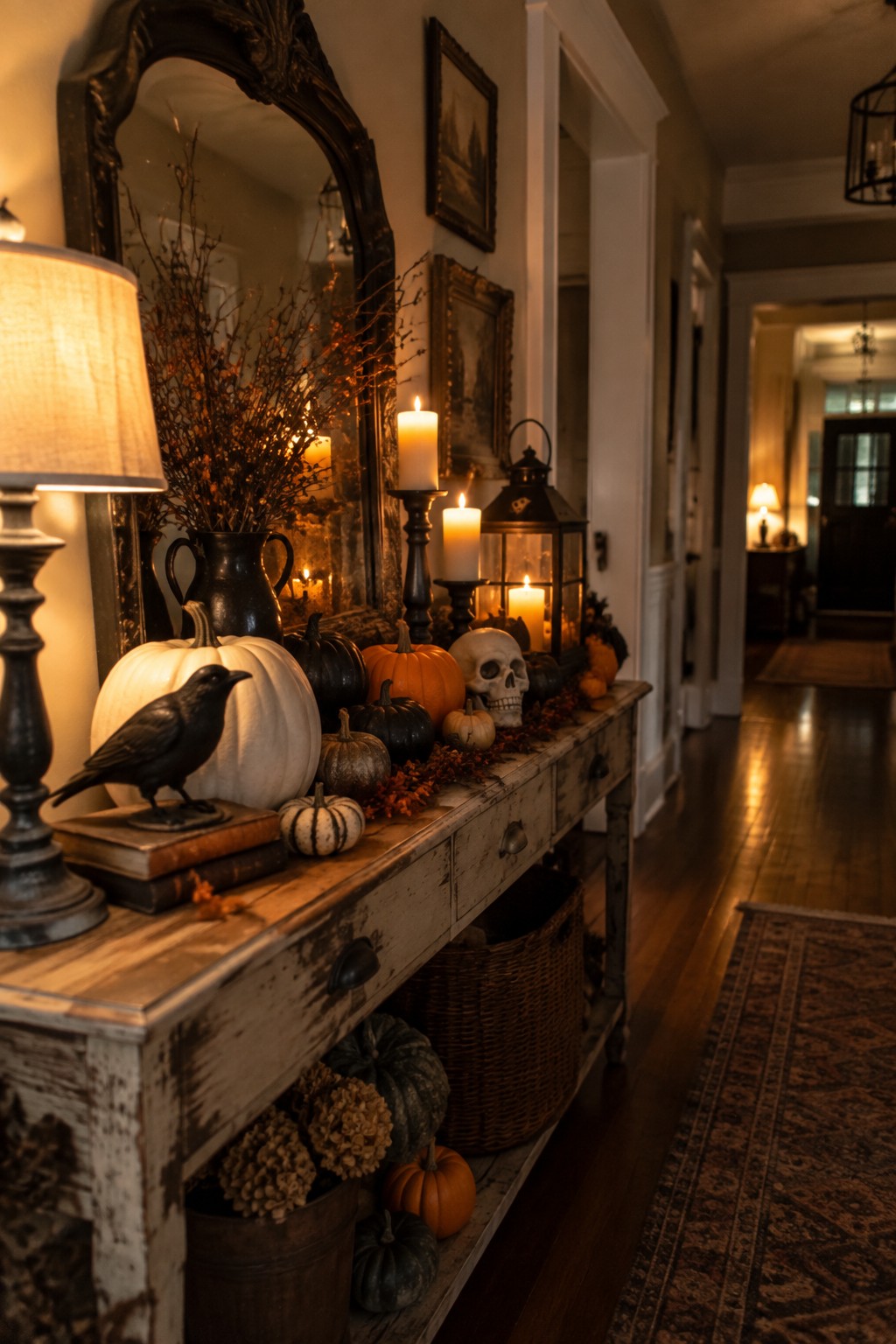 Vintage console table in an entryway decorated with pumpkins, a skull, a black crow figurine, lanterns, and candles beneath an ornate mirror.