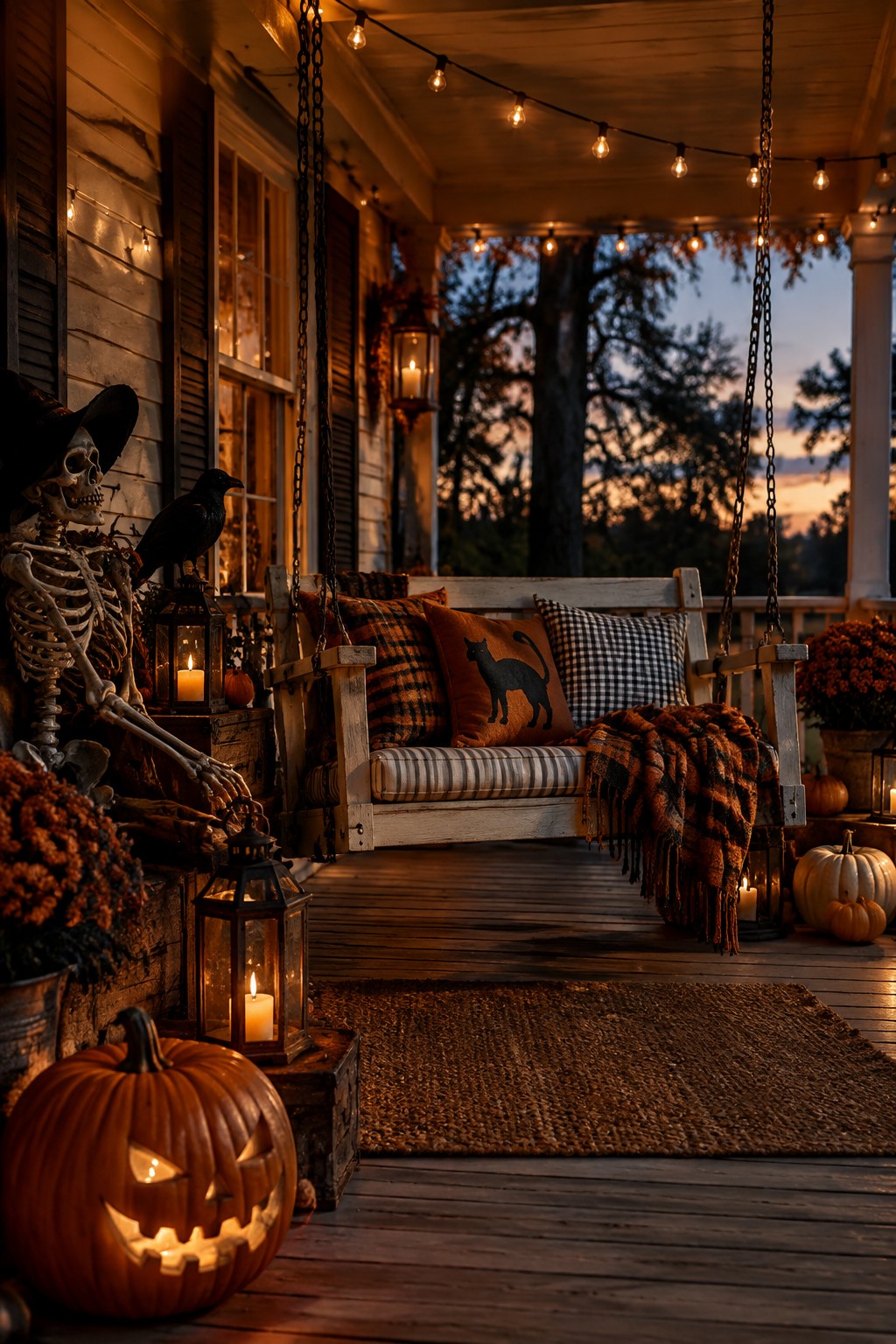 Front porch featuring a skeleton in a witch hat posed beside a wooden swing with a black cat pillow, surrounded by carved pumpkins and lanterns.