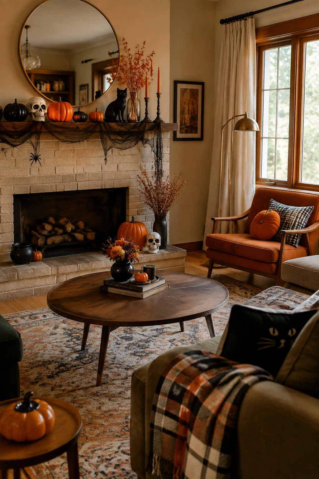 Cozy Halloween living room with brick fireplace, pumpkins, skulls, orange armchair, and plaid blanket.
