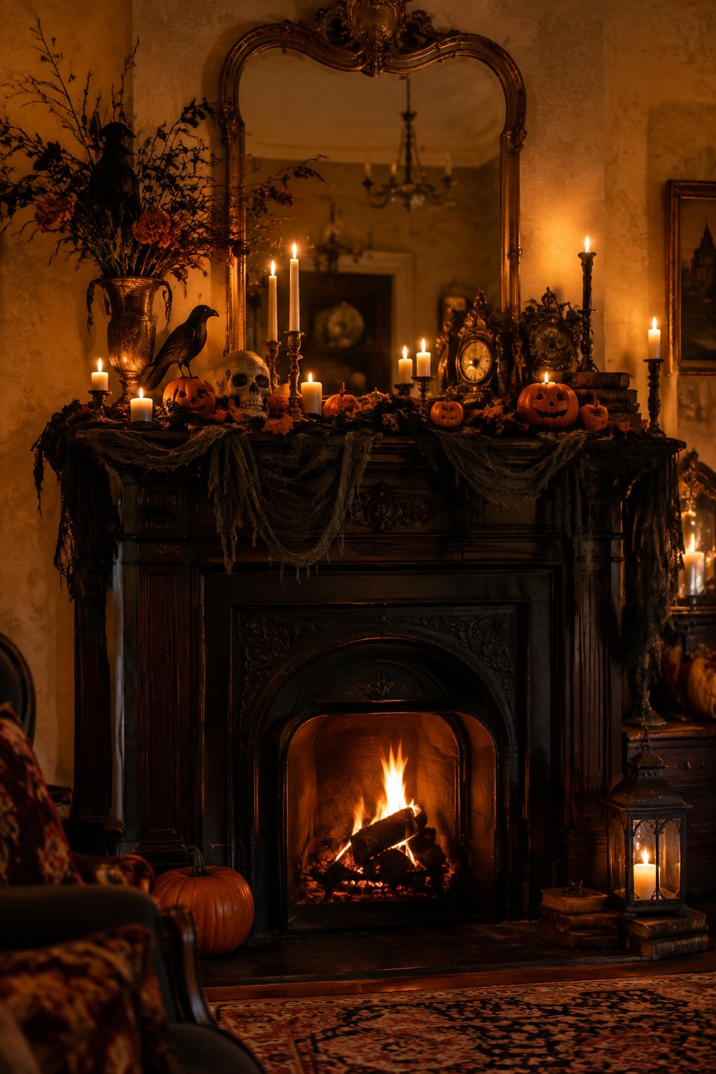 Ornate dark fireplace with burning fire, jack-o'-lanterns, skull, crows, and lit candles.