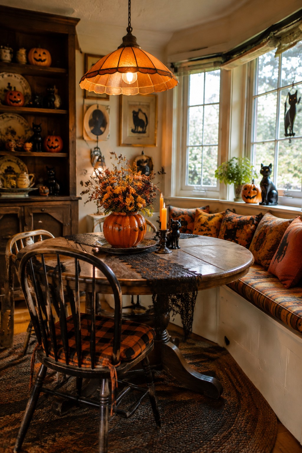A round wooden dining table set with a large orange pumpkin used as a vase, black lace runner, candles, and a small black cat figurine, surrounded by vintage furniture and Halloween accents in a cozy room.