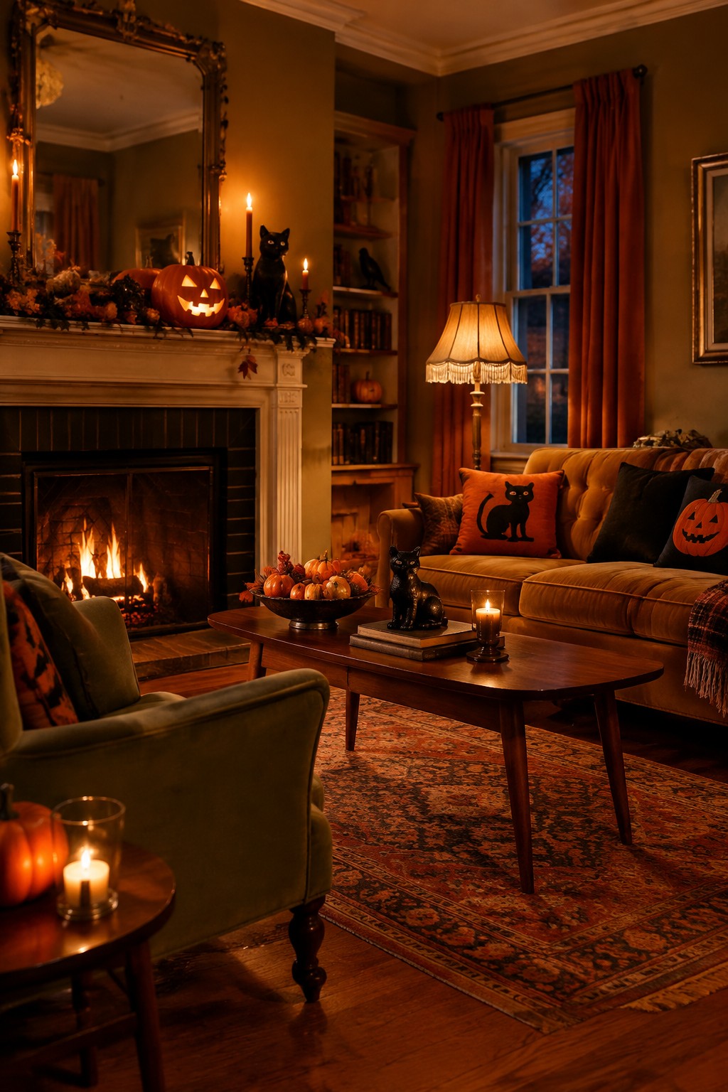 Living room mantel decorated with carved jack o lanterns, black cat figures, candles, and autumn garland above a lit fireplace.