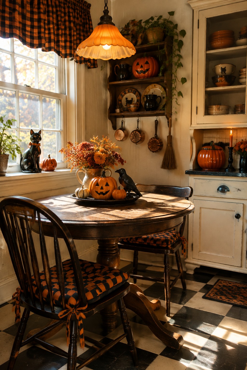 Round wooden dining table with a black tray holding carved jack o lanterns, small pumpkins, and a black crow figurine in a vintage kitchen setting.