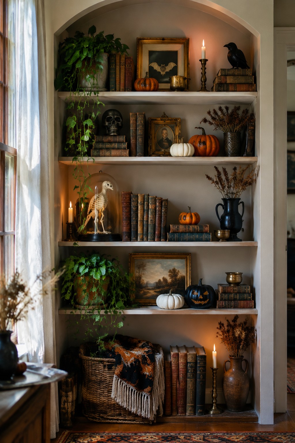 Built-in arched shelves displaying vintage books, a skeleton under a glass cloche, a skull, framed bat artwork, crows, and carved pumpkins.