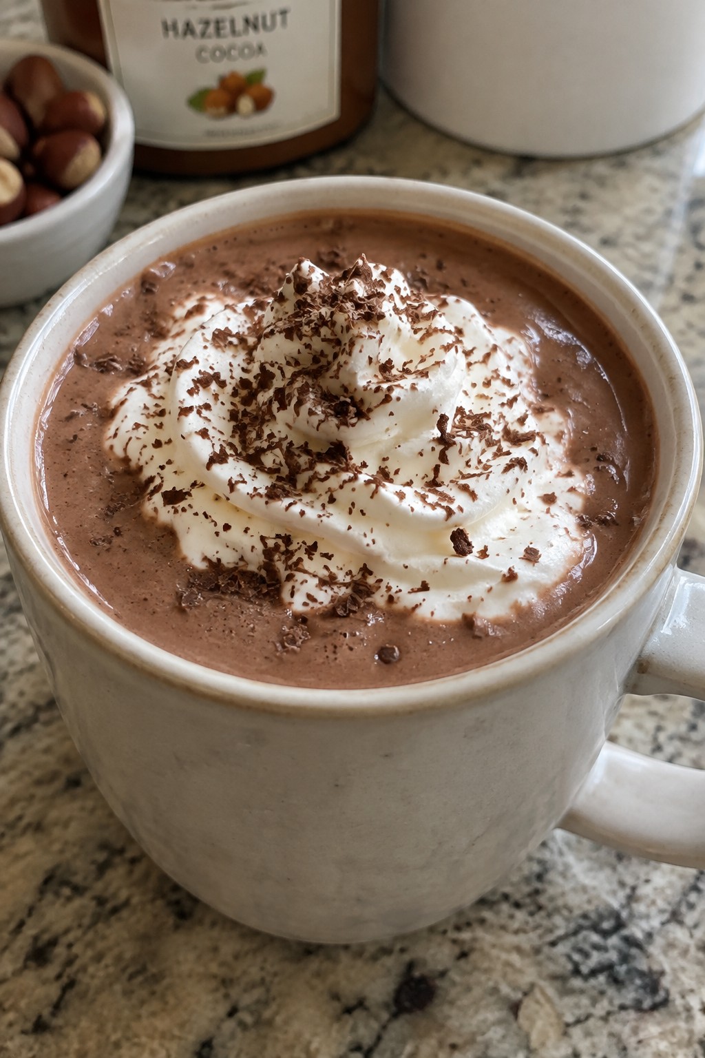 Hazelnut Hot Chocolate with Whipped Cream and Shaved Chocolate