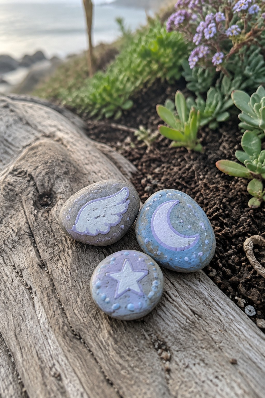 Three painted rocks with wing, moon, and star on driftwood by the sea.
