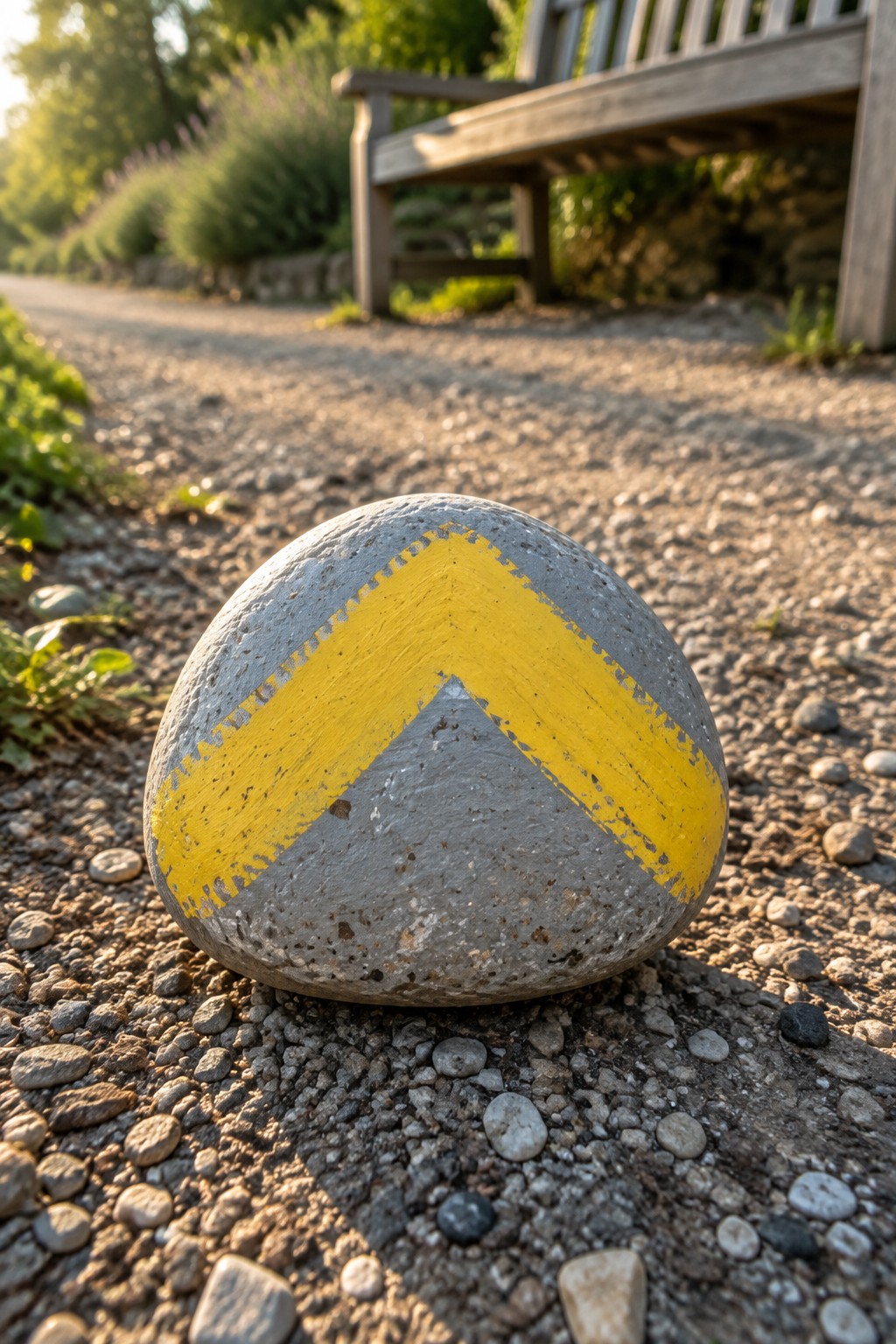 Gray stone with yellow chevron arrow on gravel path near wooden bench