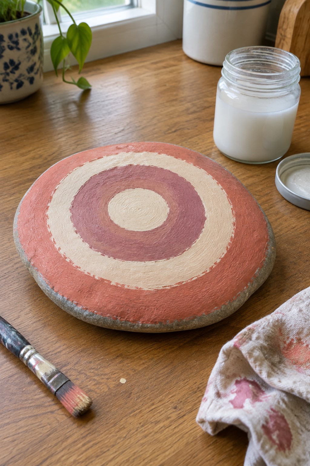 Painted stone with red and beige concentric circles beside paintbrush on wooden table