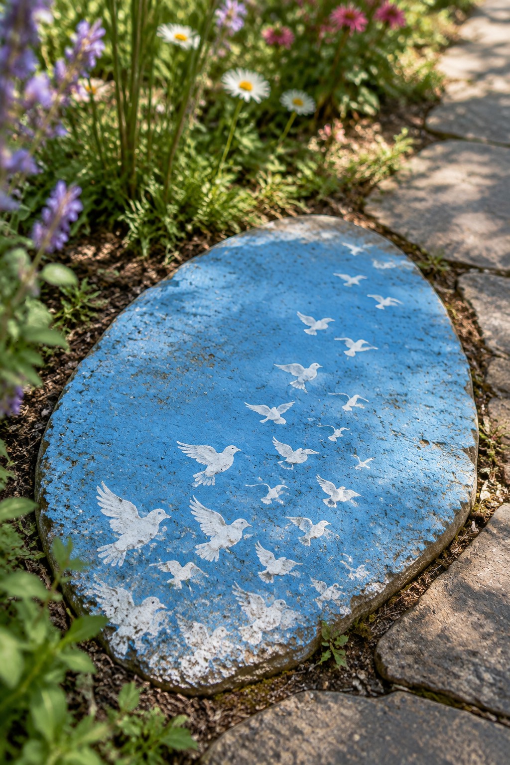 Blue stone with white bird silhouettes in a blooming garden path