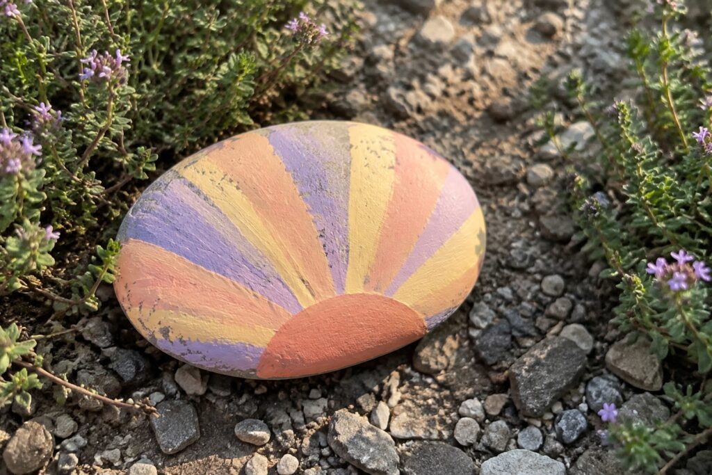 Colorfully painted stone with radiating purple, orange, and yellow rays on rocky ground.