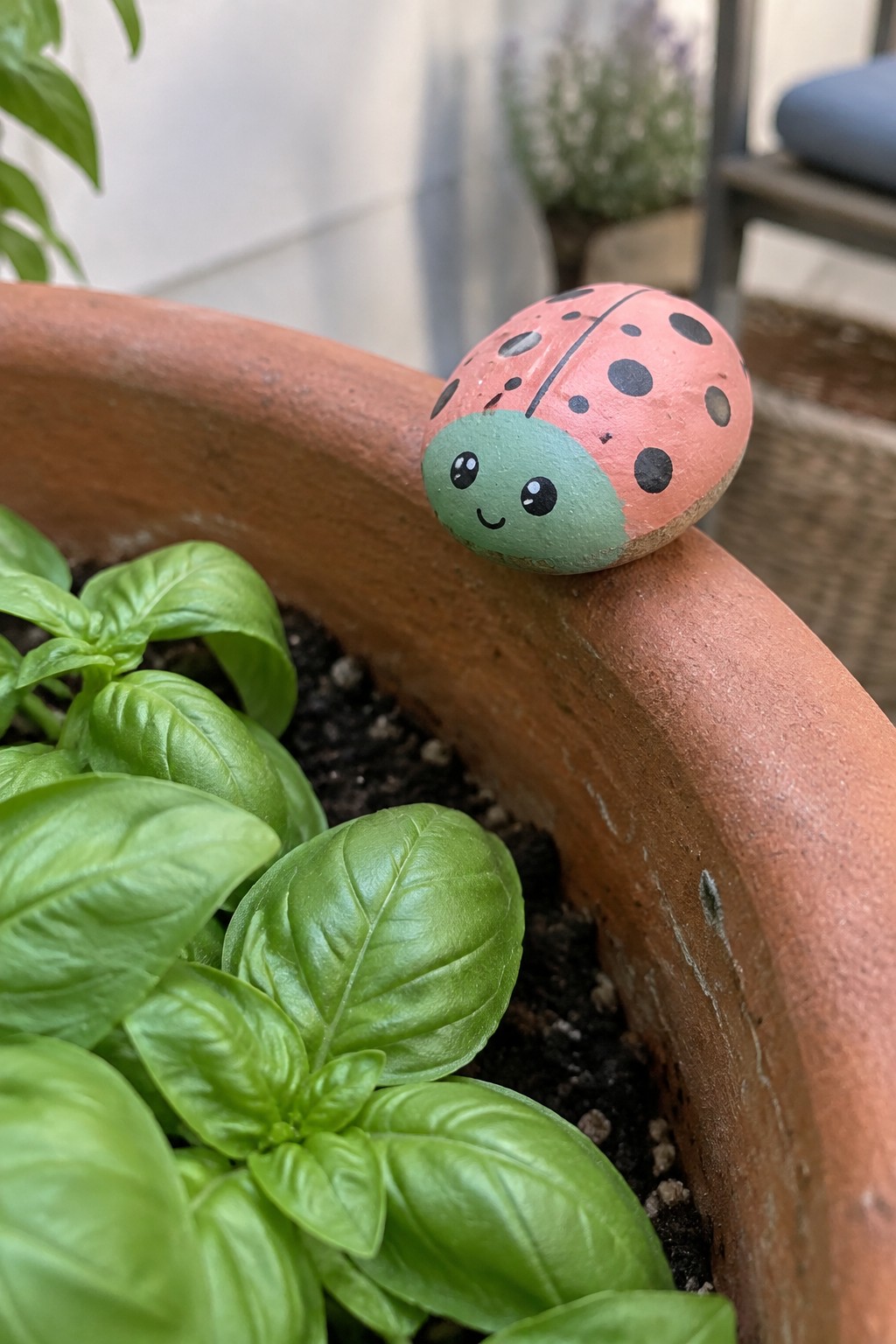 Painted ladybug rock on terracotta pot rim beside lush green basil leaves