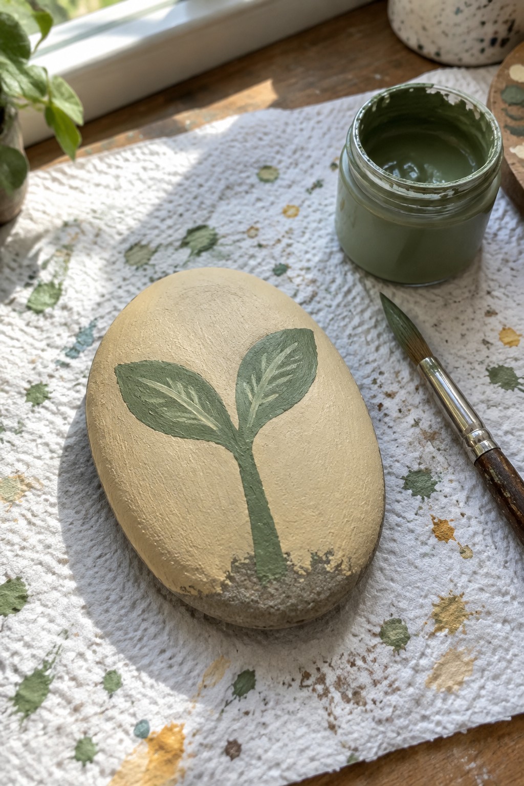Painted beige stone with green sprout beside open paint jar and brush on towel